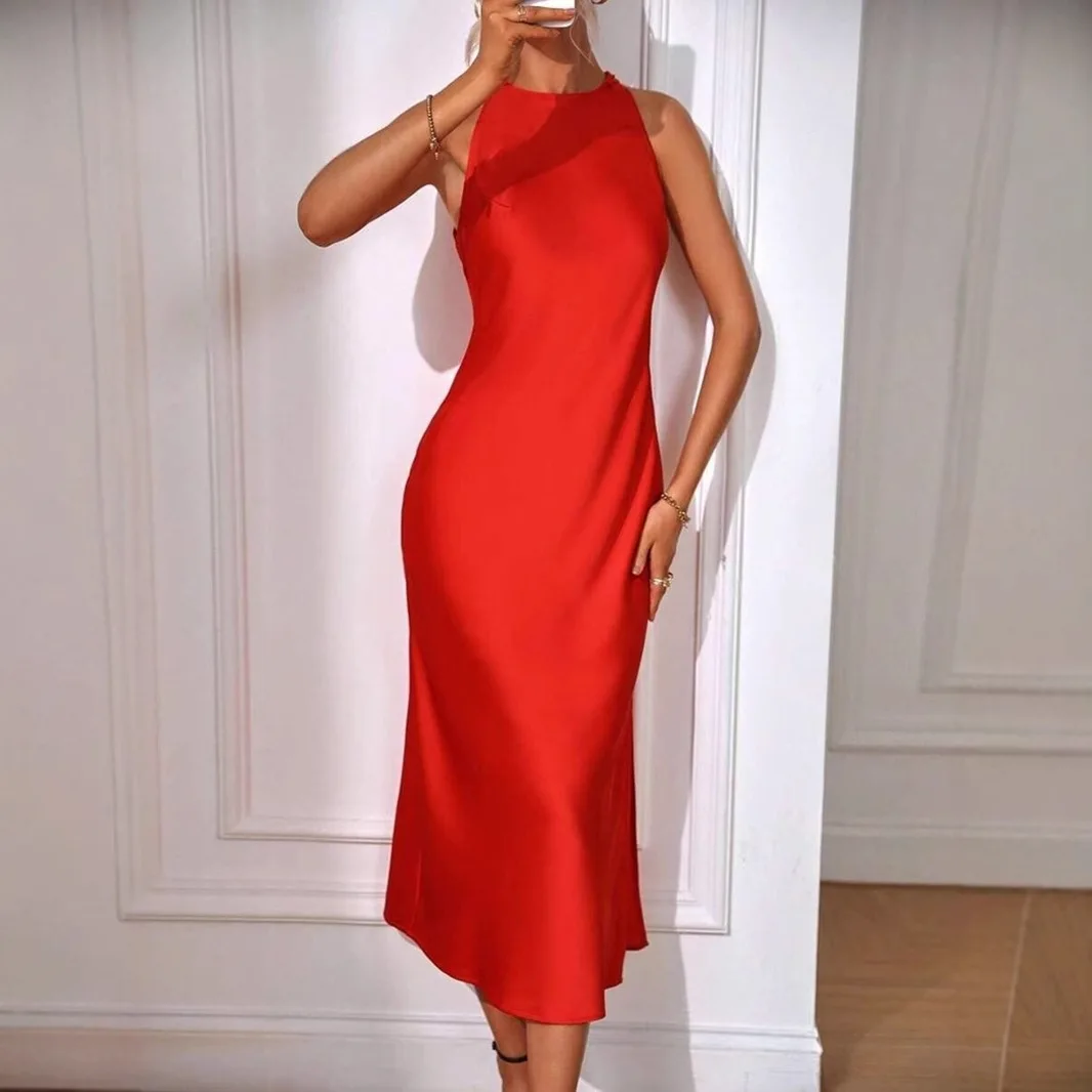 Fashion Solid Color O Neck Slim Fit Dresses Female Stylish Street Party Vestido 2026 Women Elegant Satin Sleeveless Midi Dress