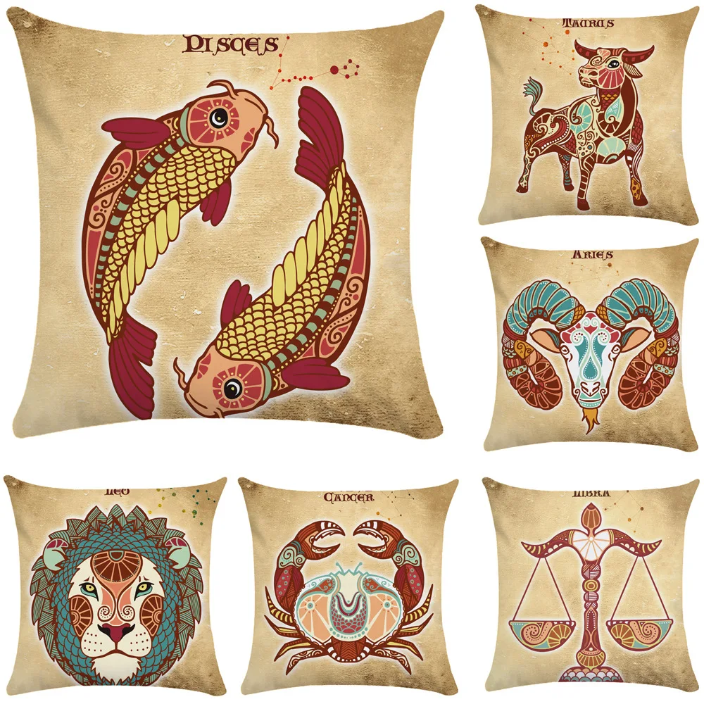 Cute Zodiac Pillowcase Pisces Taurus Pillow Covers Sofa Bed Decorative Pillows Case for Bedroom Home Decor 45x45cm Office Chairs