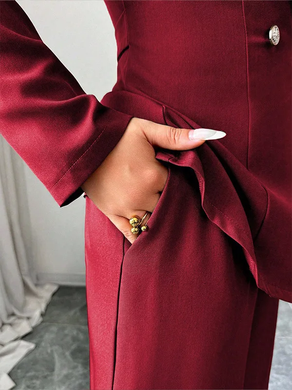 Damen-Wickelblazer-Anzug, zweiteiliges Set, mit Gürtel, V-Ausschnitt, langärmelige Jacke, Hose mit weitem Bein, schmal geschnitten, elegant, formell, für Büro und Partys. – Detail 5