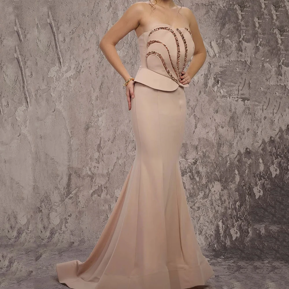 

Women's Mermaid Evening Dresses Floor-length Strapless Sleeveless Prom Gown Fashion Crystal Backless Lace-up Customized Gowns