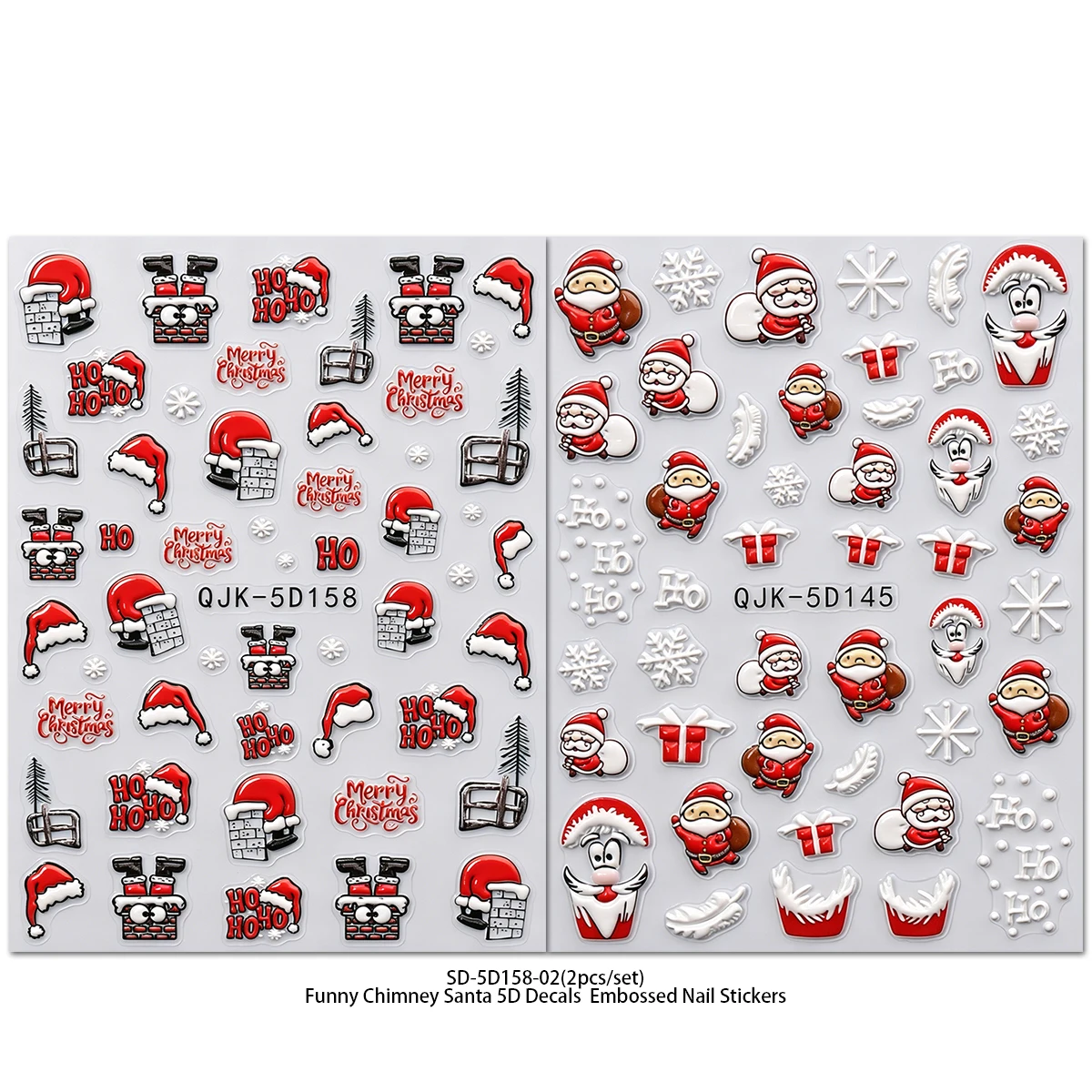 2/3/6Pcs 5D Embossed Christmas Nail Stickers, Santa Chimney Snowflake Decals, Red White Multicolor Nail Supplies