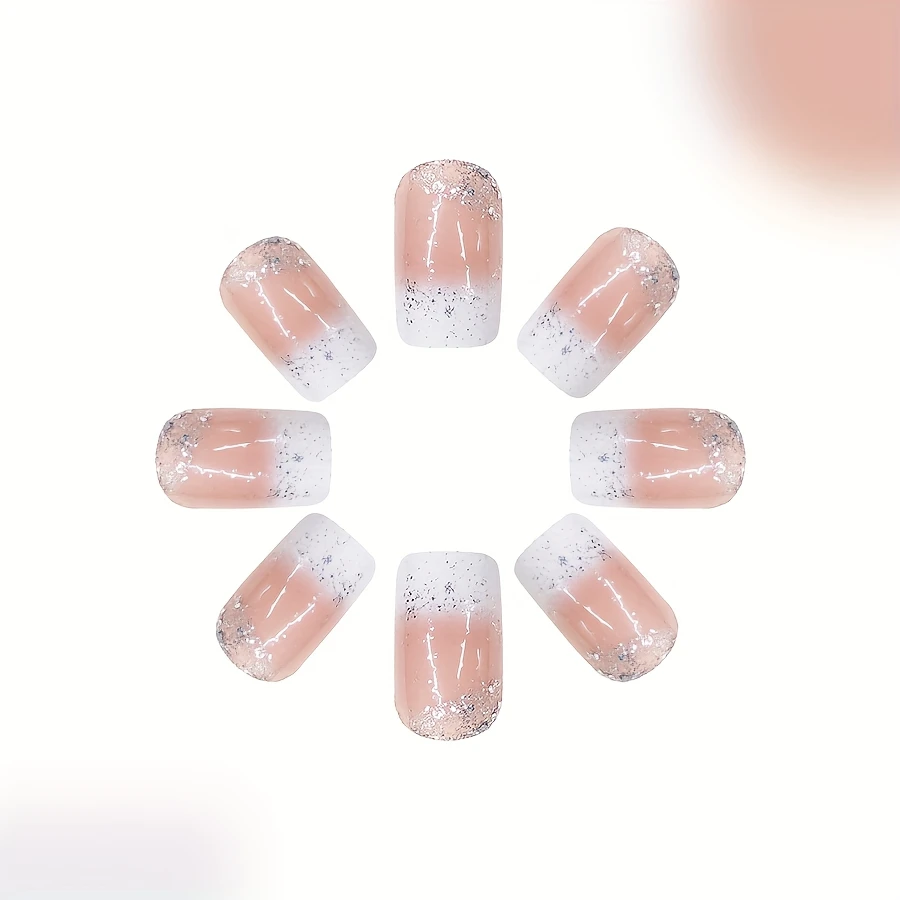 24 pièces moyen Long brillant carré scintillant blanc Style français portant des ongles, faux ongles doux et doux, Nail Art de mariée pour femmes