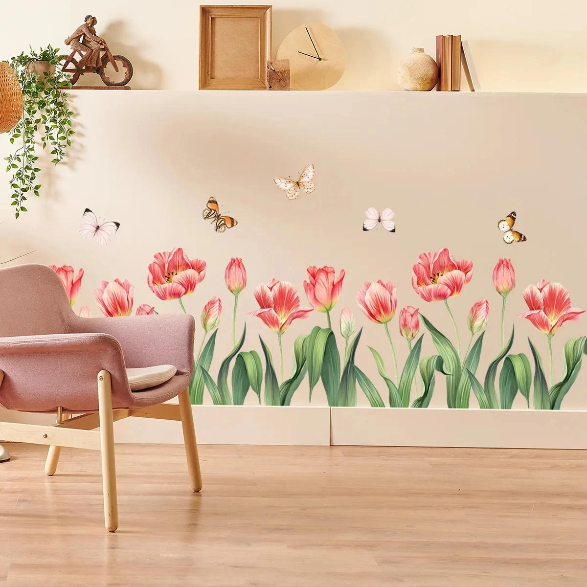 Nature Pastoral Style Pink Tulip Flower Butterfly Wall Stickers Kids Room Living-room Home Decoration Decal Poster Wallpaper