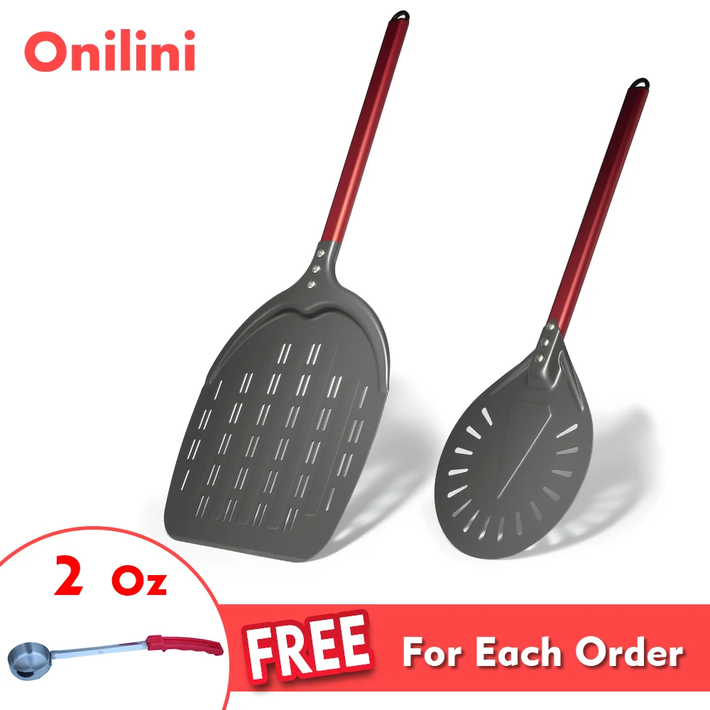 

Onilini 12 inch Pizza Peel Apple Shape with 9 inch Pizza Turning Peel Perforated Shovel Hard Anodized Pizza Paddle Aluminum