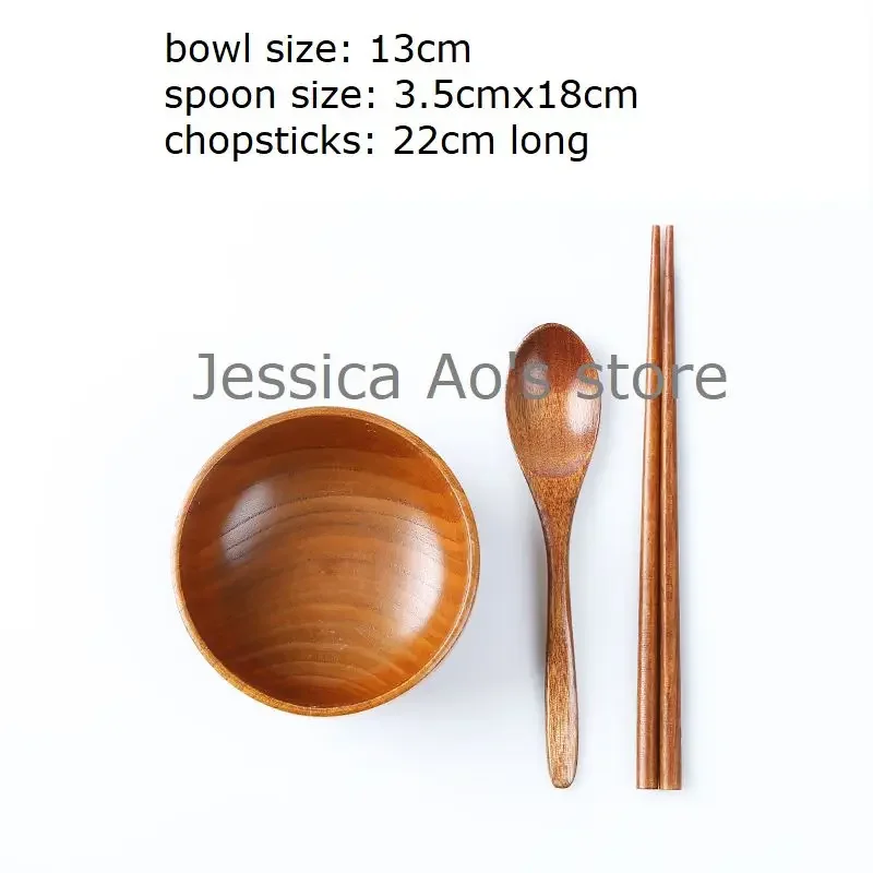 Stoviglie in legno giapponesi Ciotola in legno + tazza + cucchiaio + bacchette Set di stoviglie complete da cucina Ciotola di riso in legno Ciotola da zuppa grande
