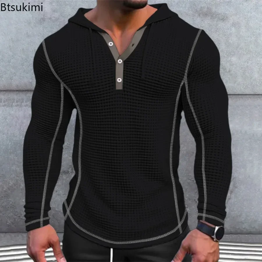 2026 Casual Long Sleeve Waffle Hoodies for Men Street Sport Fitness Pullover Stitching Hooded Drawstring Sweatshirt Men Clothing