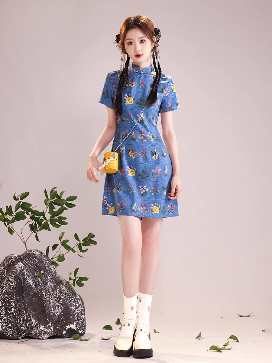 

Blue ort Qipao Young Sle Revamped Chinese National Faion Dr Breathable Floral Patterned Summer New Arrival for Girls