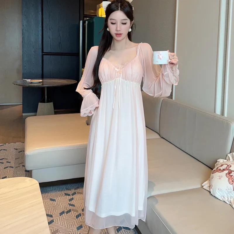 Women Long Sleeve Sleepwear Modal Nightdress Princess Homewear Loungewear Sexy Lace Mesh Nightwear Palace Style Nightgown