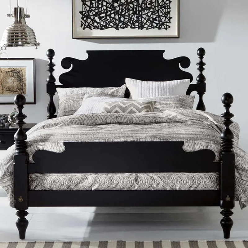 American pastoral solid wood Roman column bedroom children's room black double bed European style fashion modern design French b
