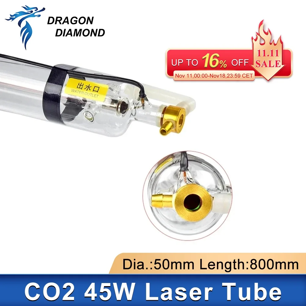 

40W-45W Co2 Laser Tube Metal Head Glass Pipe Length 800mm Lamp Diameter 50mm High Power For CO2 Laser Engraving Cutting Machine