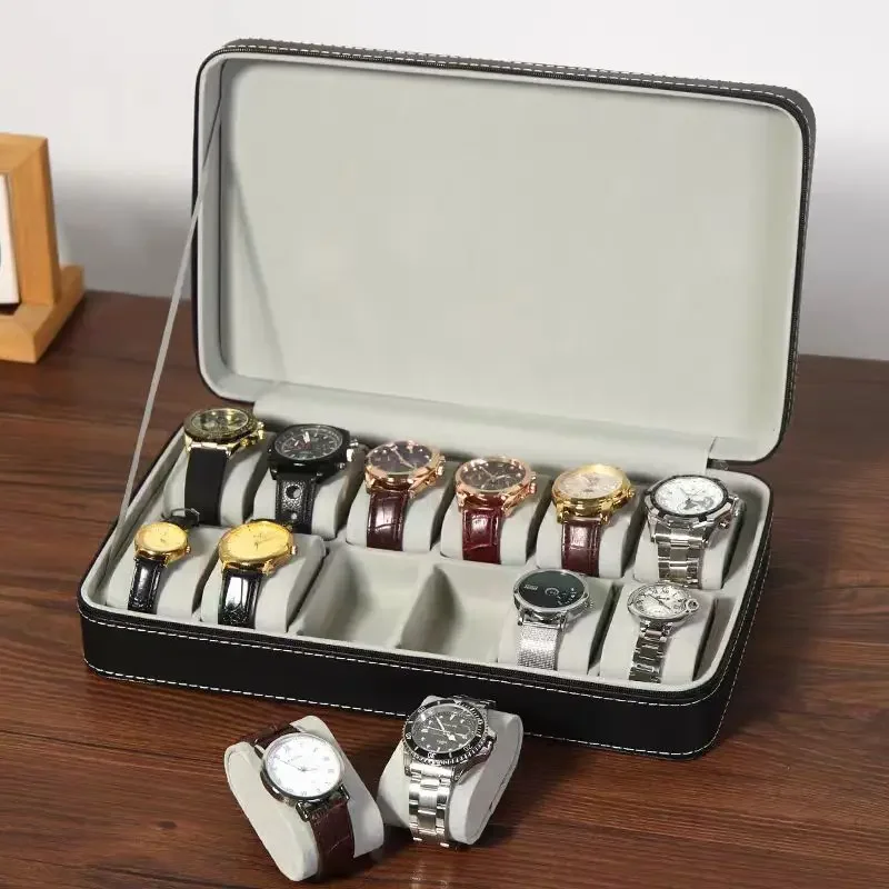 

10/12 Slots Portable Leather Organizer Jewelry Watch Boxs Zipper Easy Carry for Travel Pilot Roleixres Watch Storage Box No Logo