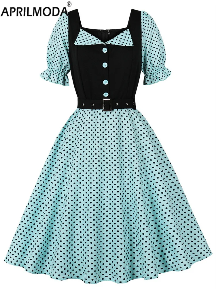 Vestido informal de verano con estampado de lunares para mujer, vestido elegante de manga corta con corte en A, para uso diario y de oficina, estilo años 50, con cinturón