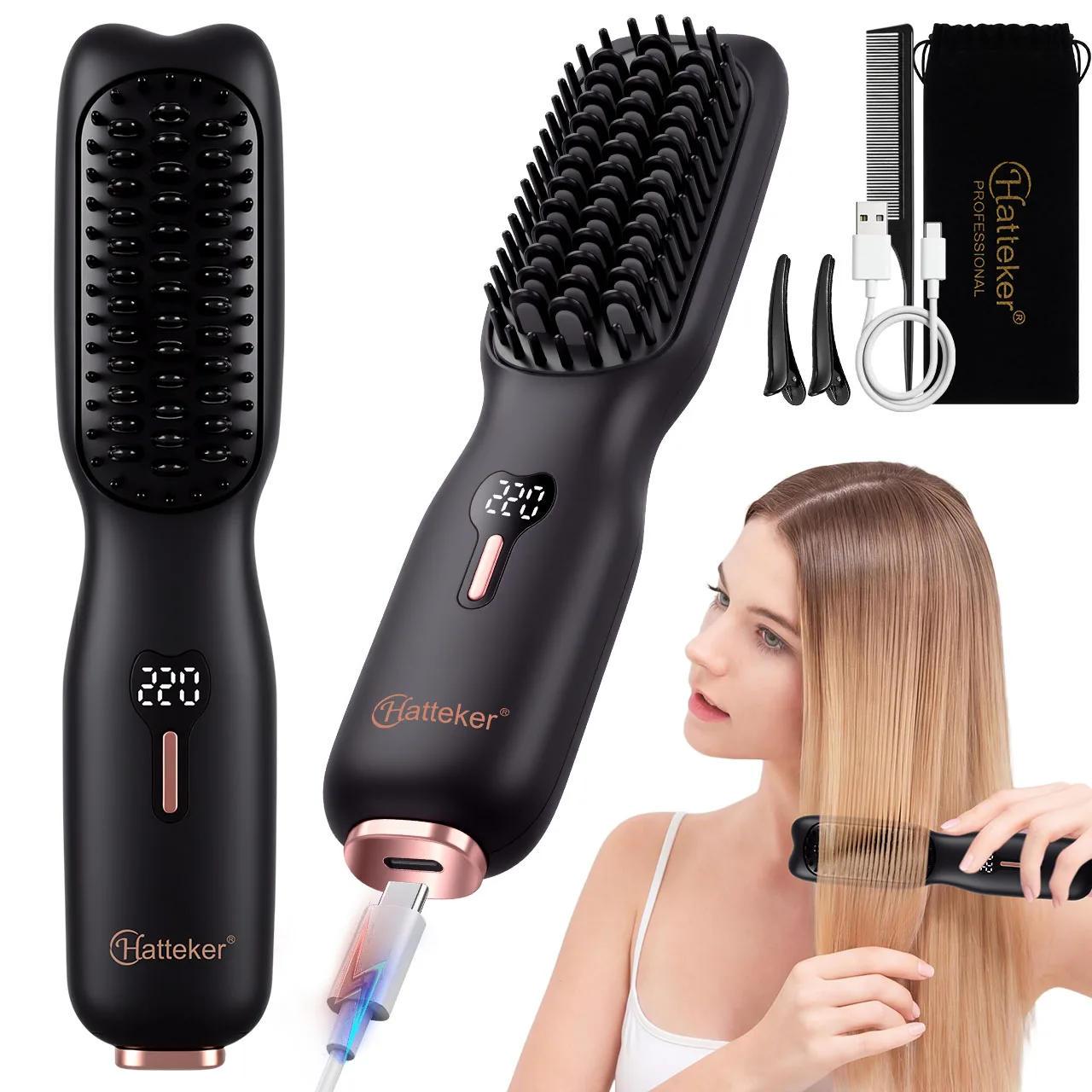 Hatteker Wireless Hair Straightening Comb Portable USB Multi-temperature Control Straightener And Curler for All Hair Types