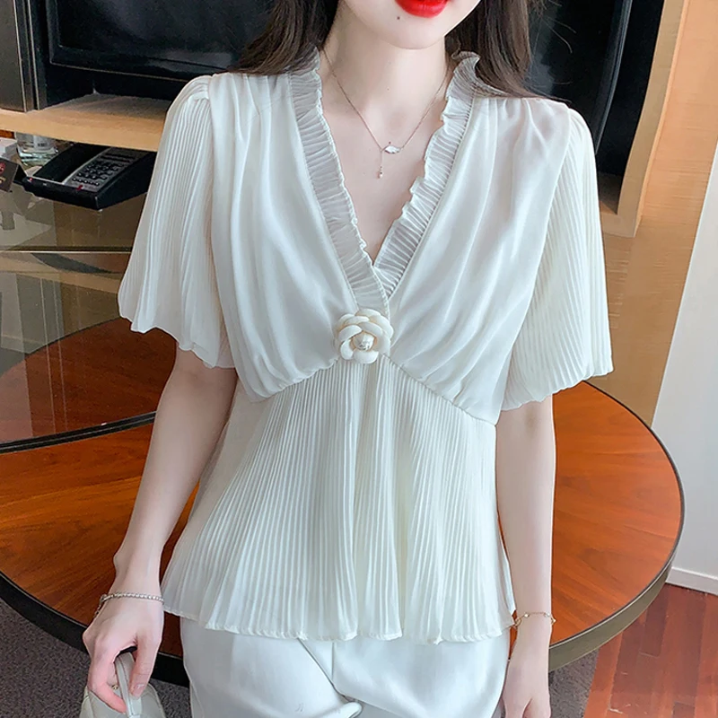 

2023 Summer Ladies Flower Casual Shirt Elegant V Neck Ruffle Chiffon Blouse Women Short Sleeve Pleat Tops Blusas Mujer 27506