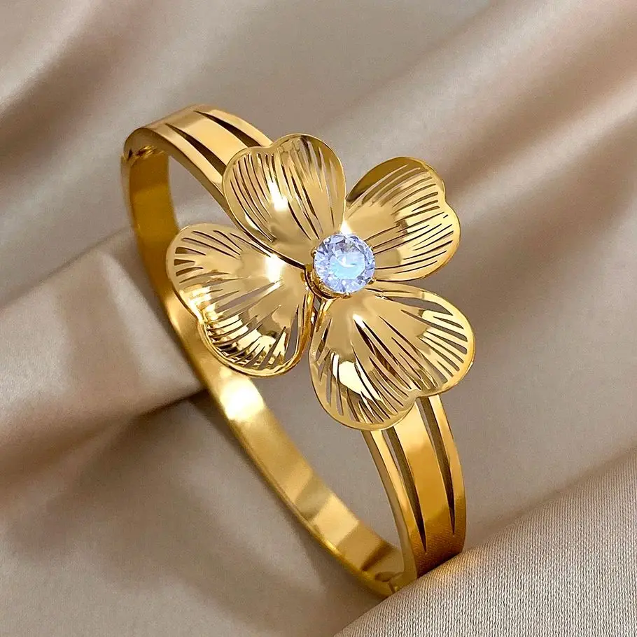 

Глянцевые инкрустированные стразами браслеты-манжеты с большим цветком для женщин, модные позолоченные наручные браслеты из нержавеющей стали, водонепроницаемые ювелирные изделия