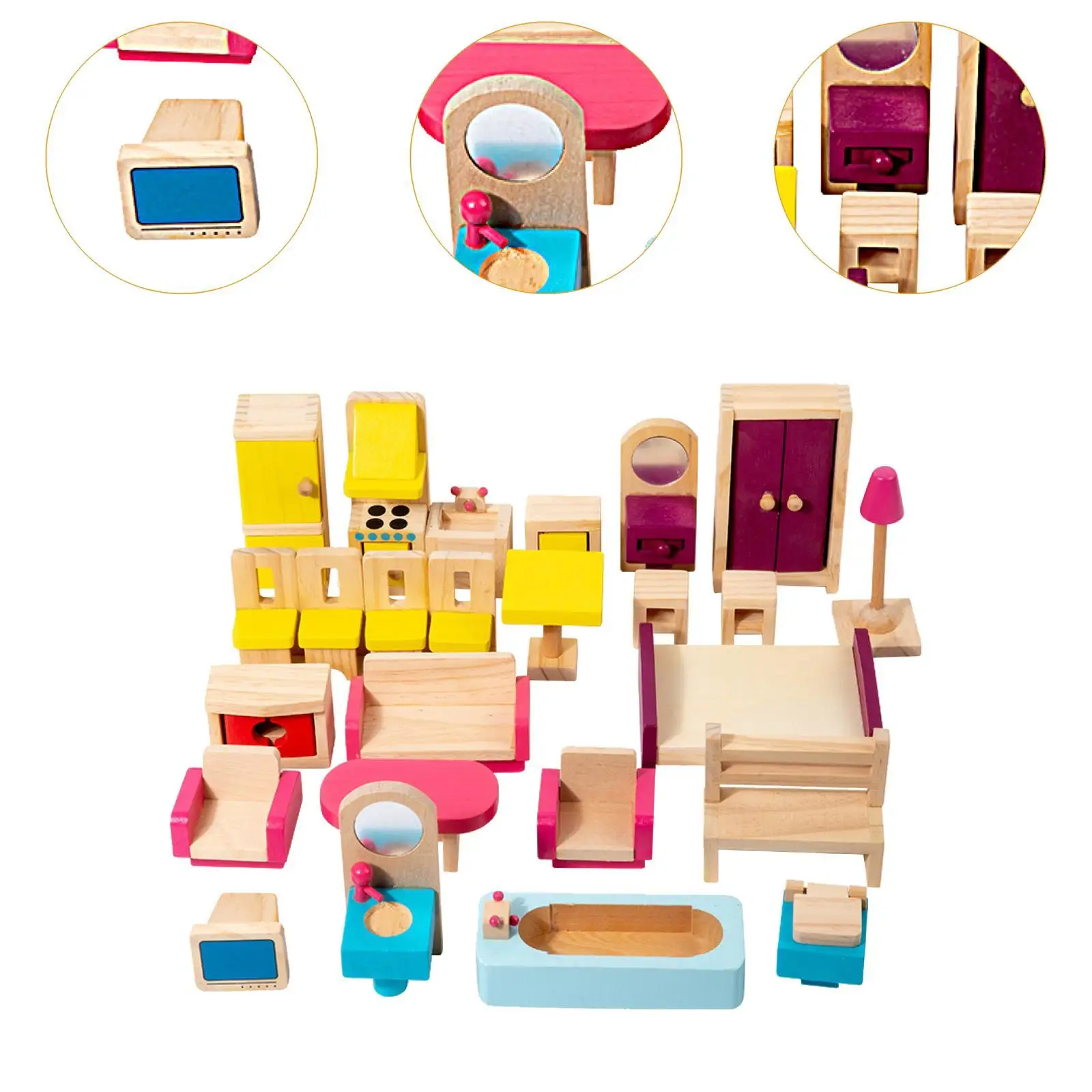 26 Pieces Wooden Dollhouse Miniature Furniture Set Role Play Games Kids Toy for Toddlers 3+ Kids Boys Girls Christmas Gift