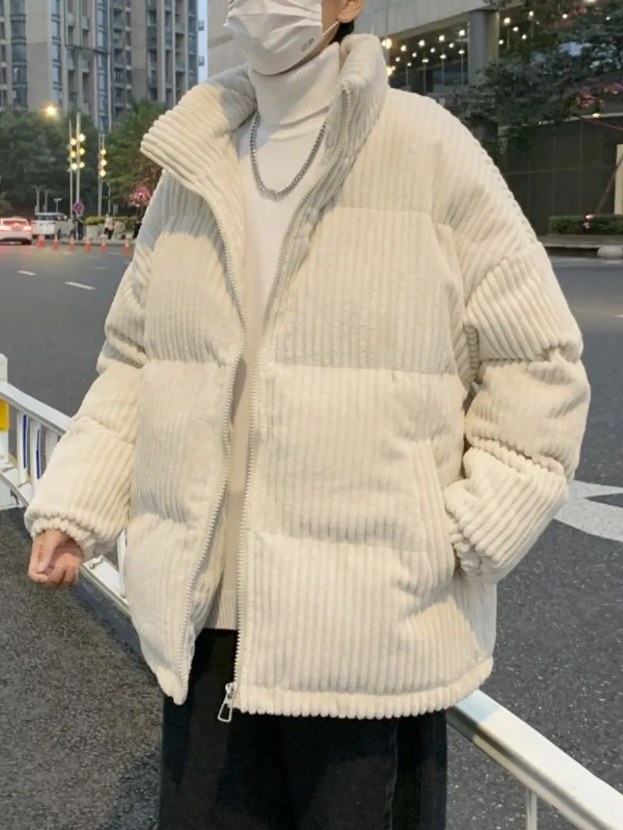 

Corduroy Thiened Fce Lined Men's Jaet Bread Sle Loose Fit Winter Coat Couple's Outerwear Trendy Ins Design Casual Wear