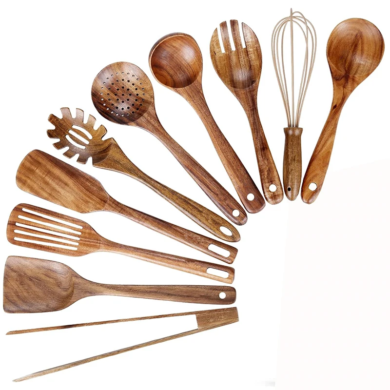 LMETJMA 10 Pack ensemble d'ustensiles de cuisine en bois de teck naturel cuillères en bois spatule ensemble d'ustensiles de cuisine pour la cuisson JT503