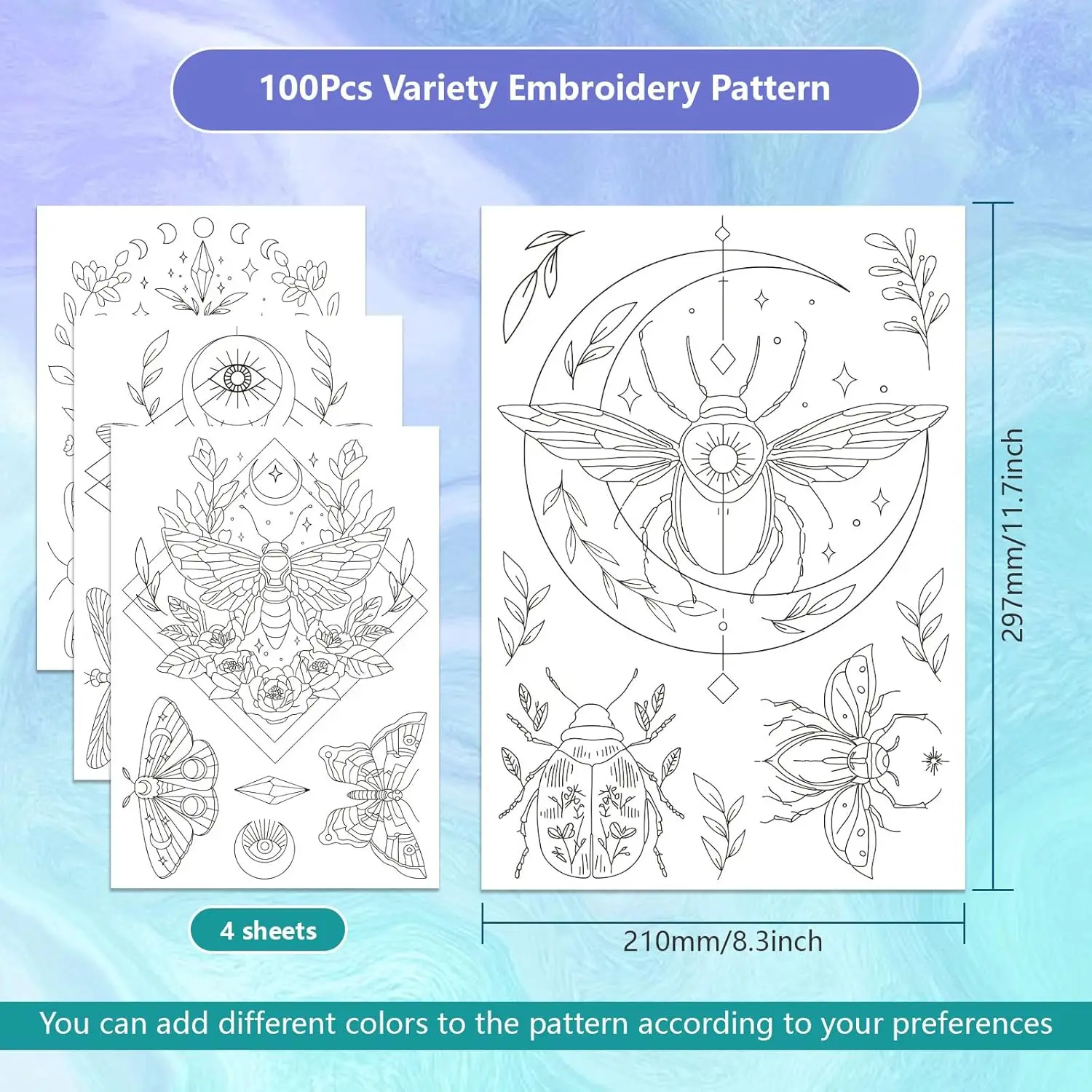 12pcs Insect DIY Self-Adhesive Embroidery Kit, Water-Soluble Stabilizer, Includes 12 Colors Metal Threads & 16 Embroidery Needle