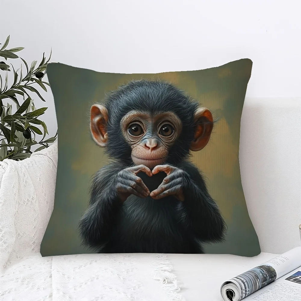 1pc Cute Chimpanzee Heart Hands Pillow Cover, Polyester 2D Double-Sided Print, Adorable Baby Chimp Love Sign Art, Wildlife Lover