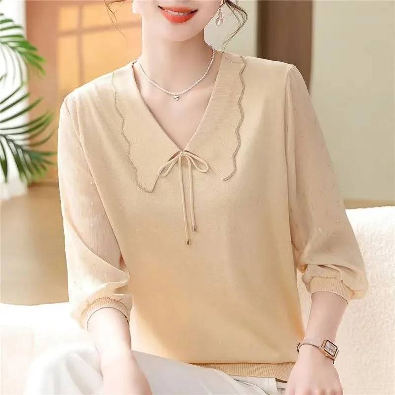 

Осенняя футболка с 7-точечным рукавом из пряжи, 2022, вязаный свитер, модный тонкий темпераментный топ