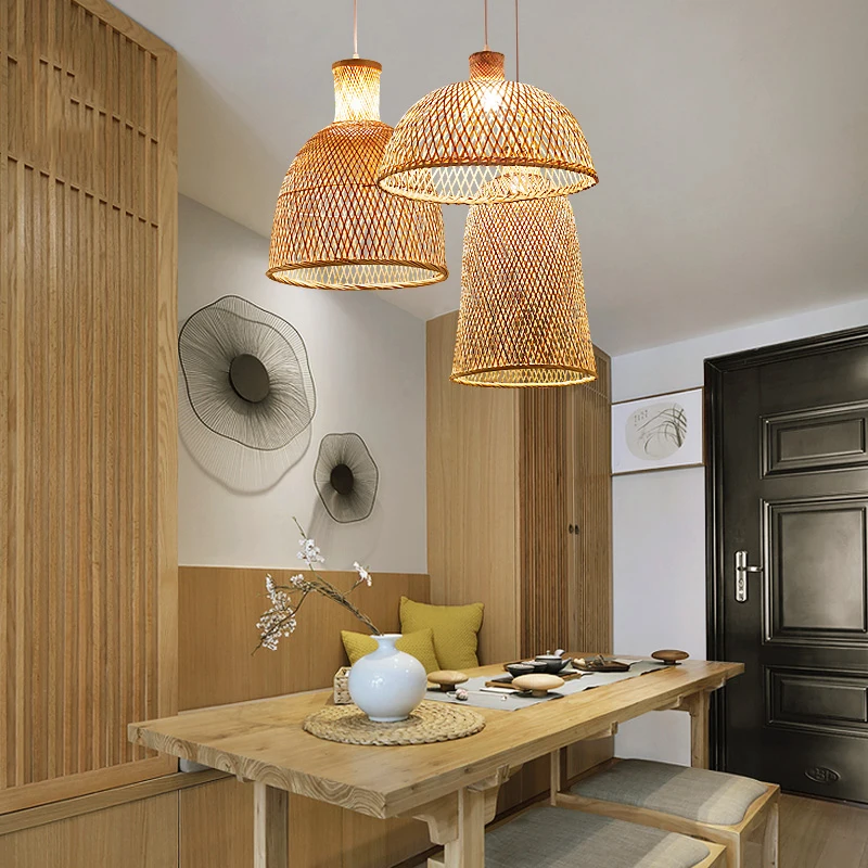 Chinese Style Pendant Light Natural Bamboo Lampshade For Living Room Hanging Lamp Restaurant  Retro Home Decor Lighting Fixture
