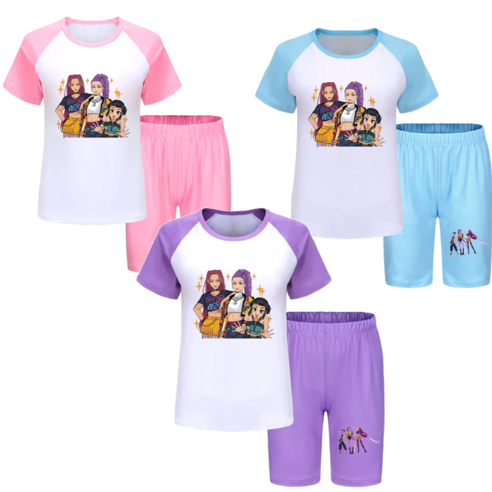 

KPop Demon Hunters Girl Cute Tshirt Shorts Set Kids Short Sleeve Tee Casual Pants Summer Clothing Children HomeWear Gifts