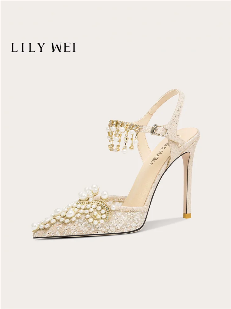 Summer pointed pearl rhinestone mesh sequin wedding shoes banquet large size small size widened high heels women's sandals