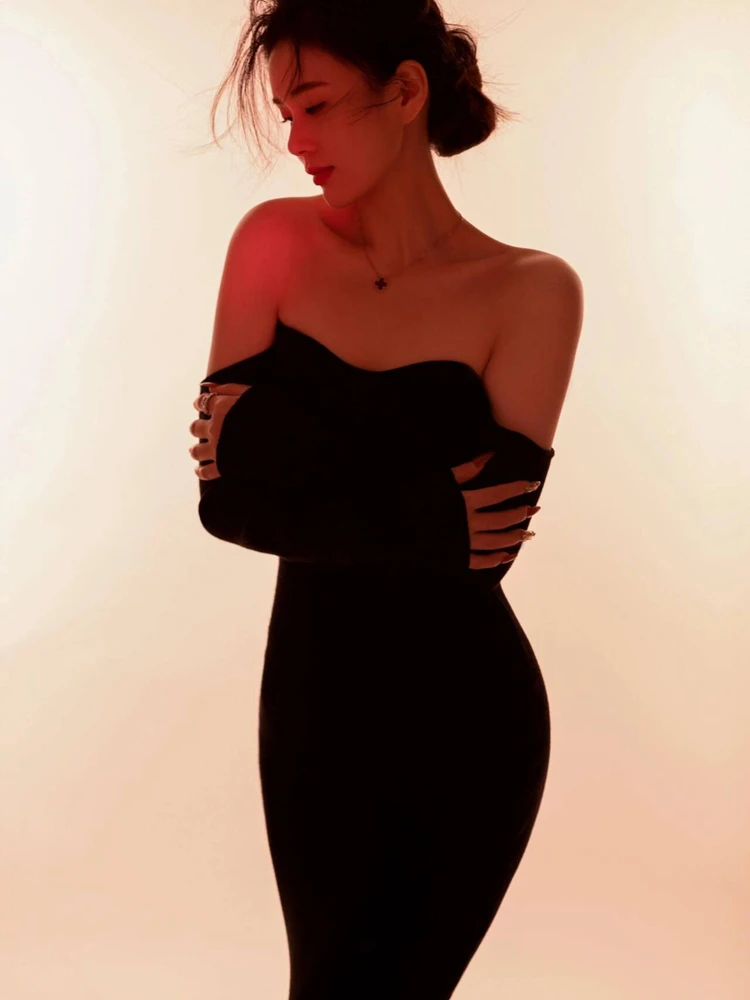 

Элегантное черное платье для фотостудии, портретная съемка, модная женская одежда, сценический образ, этнический стиль, летняя новинка