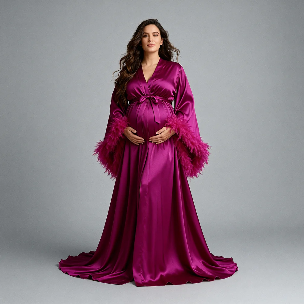 Elegant Magenta Satin Robe Long Train Maternity Robe with Feather Trim Maternity Clothes for Pregnancy Photography YW657D