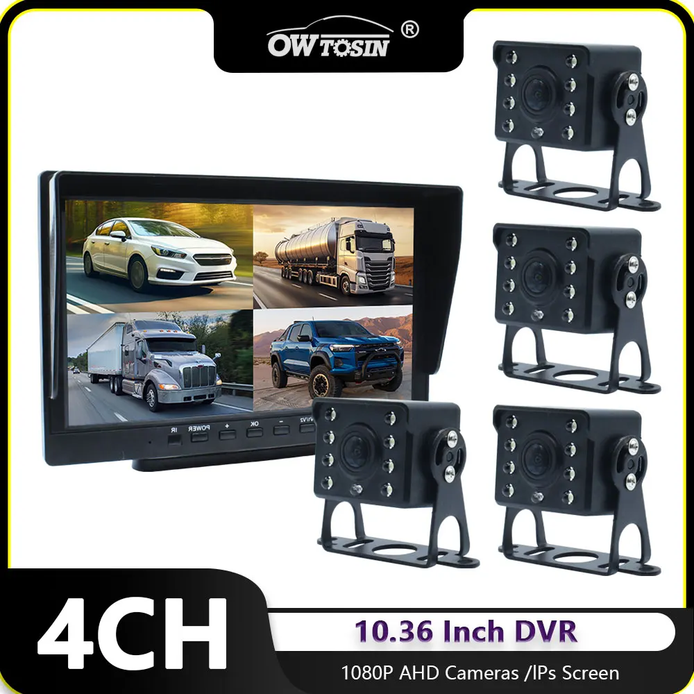 AHD 1920x1080P 4CH Car Monitor 10 Inch IPS Screen Recording DVR 1080P IR Night Vision Vehicle Camera Truck Bus Trailer Pickups