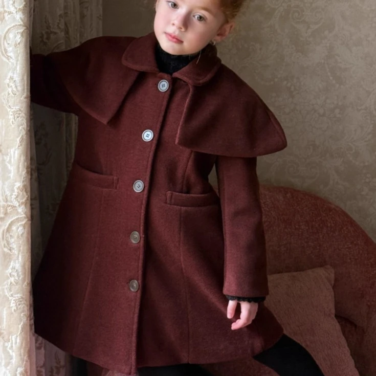 

Girls Coat 2025 Autumn and Winter New Children's Clothing Korean Style Girl Baby Cotton Waist Large Lapel Woollen Coat