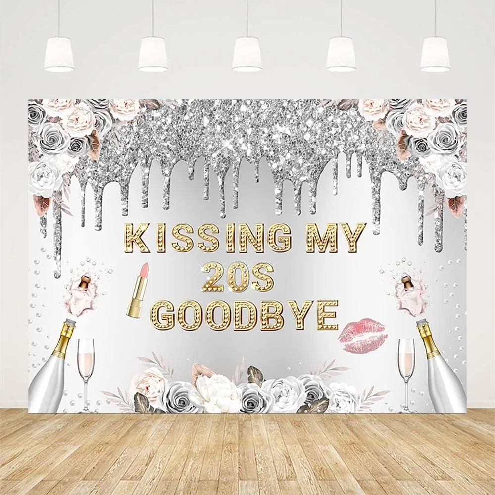 

Happy 30th Birthday Backdrop for Women Kissing My 20s Goodbye Silver Glitter Boho Floral Pampas Champagne Photograpy Background