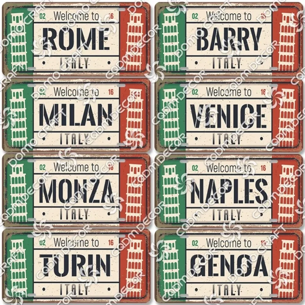 Italy Cities (Rom/Milan/Turin) Retro-Metallblechschild (1 Stück) – schöne Metallplatte im Posterstil, ideale Wanddekoration für Garage/Auto-Club