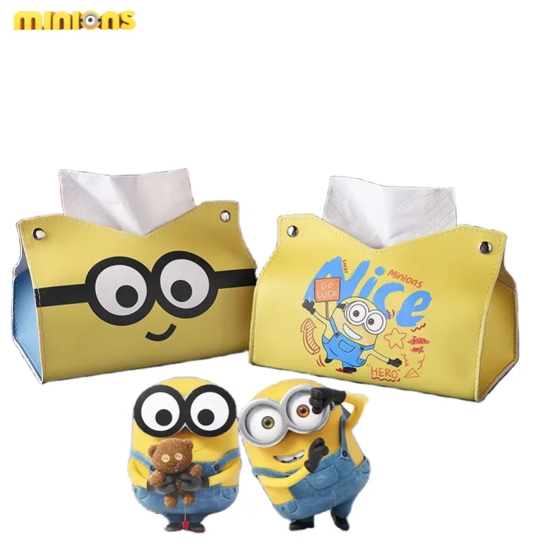 Caja de pañuelos impermeable de dibujos animados Minion, cajón de papel lindo de ojos grandes, caja de almacenamiento kawaii creativa para el hogar y el coche