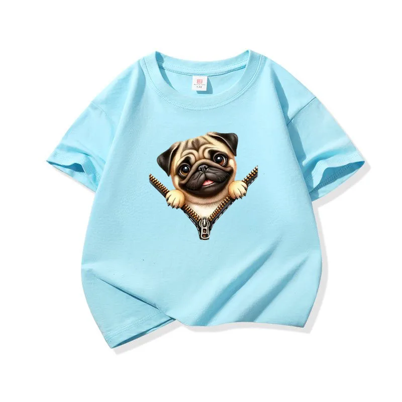 

Kids Cotton T Shirt Charming Pug Dog Zipper Print Crew Neck Short Sleeve Tee Casual Breathable Boys Girls Summer Tops