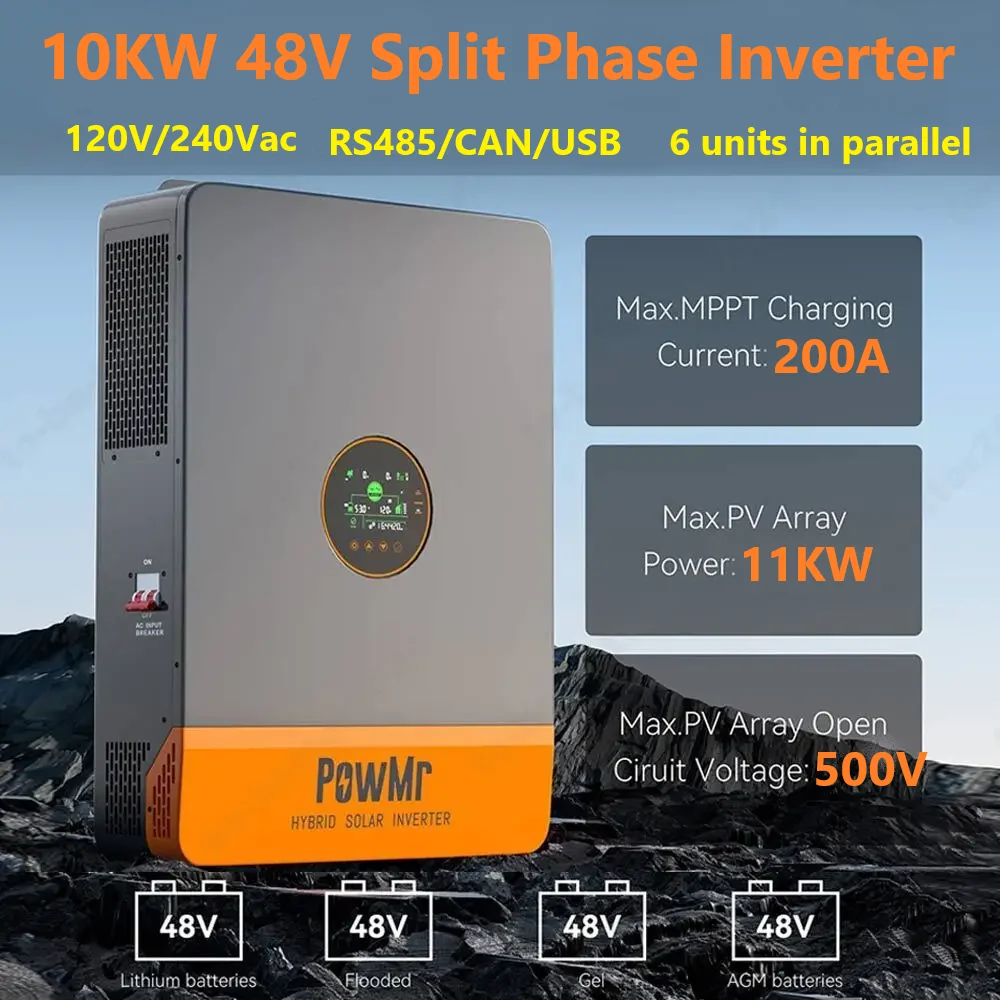 

Инвертор PowMr 10 кВт 48В с чистой синусоидой, 110В/240В, двухфазный, гибридный, с параллельным подключением, контроллер заряда MPPT 200А для солнечных батарей