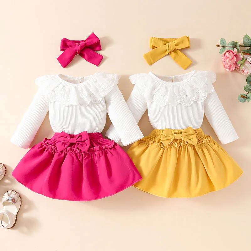 

MILANCEL New Autumn Baby Clothes Set Neonate Lace Bodysuit + Bow Short Skirt +Hair Band 0-18M Infant Outwear 3PCS