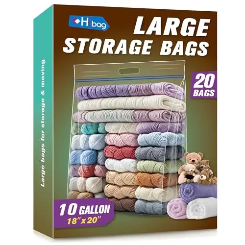 

Большие мешки для хранения HIBAG, 10 галлонов, 18 x 20 дюймов, прозрачные, с ручкой, многоразовые, сверхбольшие, особо прочные, для одежды, подушек и др.