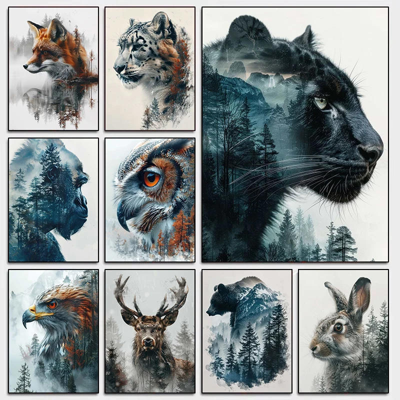 Jungle Wild Animals Poster Canvas Painting Bear Elephant Tiger Lion Nature World Prints Wall Art Pictures Living Room Home Decor