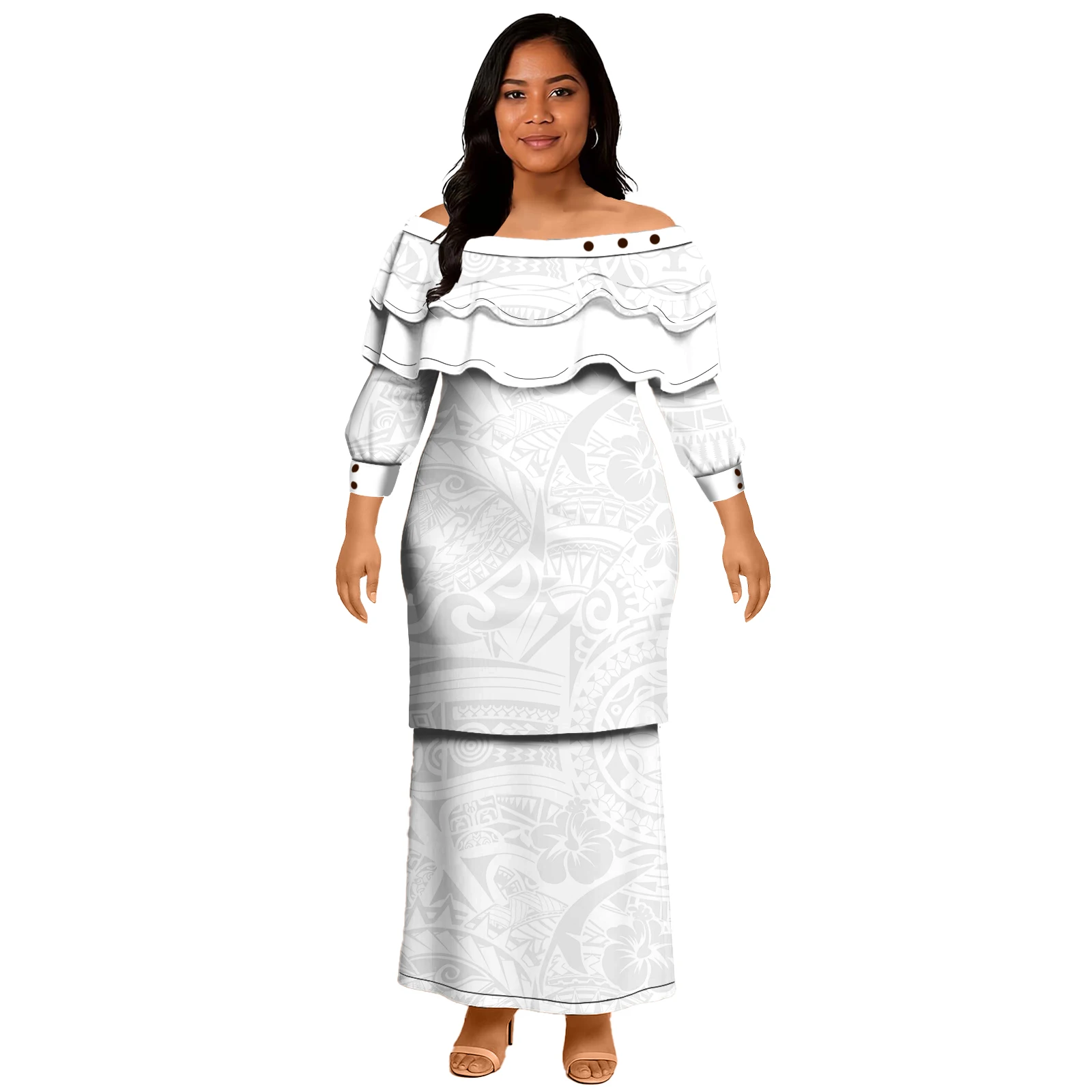 Design di lusso Bianco Grigio Polinesiano Samoano Tribal Evening Party Puletasi Set da 2 pezzi Isola Ultimo stile Puletasi in due pezzi