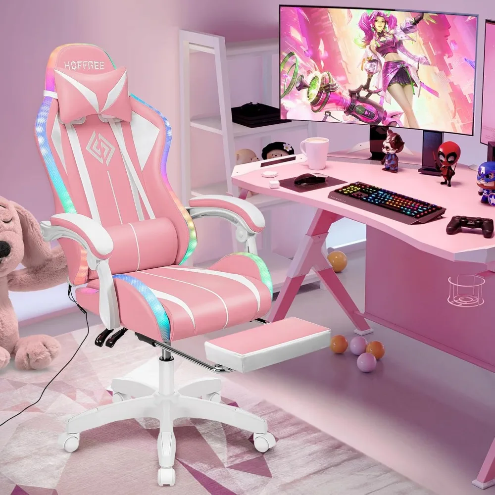 RGB gaming chair, massage, LED lights, ergonomic computer chair, footrest, high back reclining, adjustable lumbar support