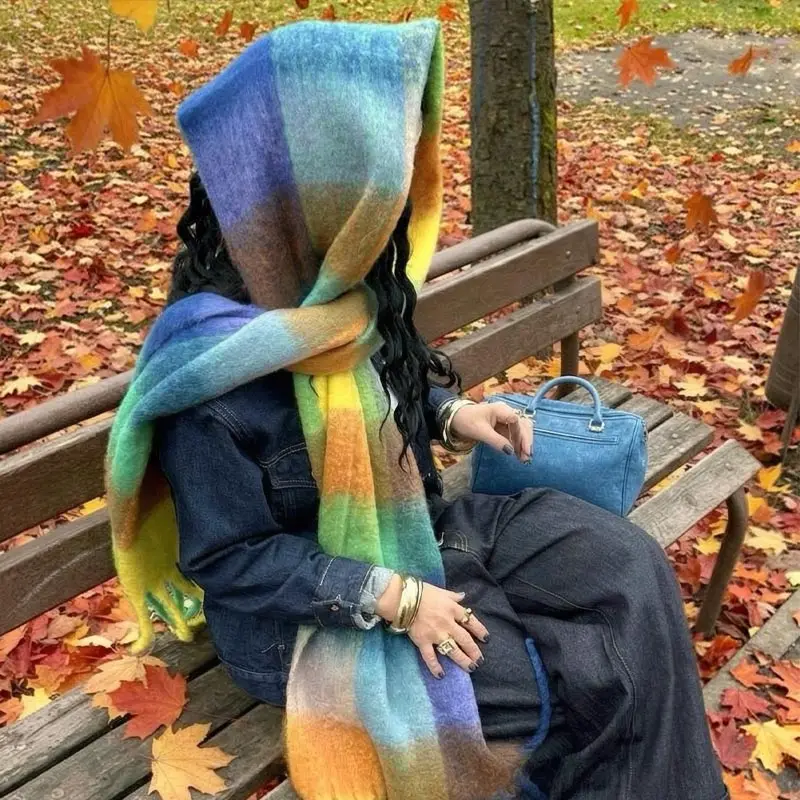 Checkered Imitation Mohair Scarf Thickened Winter Neck Warmer For Cold Protection Unisex Winter Scarf Winter Accessories 2026