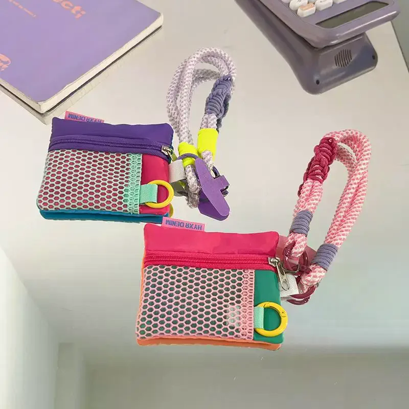 /HTF/1Pcs Portable Dopamine Contrasting Mesh Card Bag Phone Lanyard Wrist Strap Handwoven Change Bag Keychain