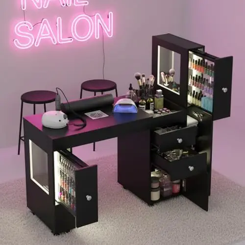 Manicure Table with Dust Collector & LED Display Cabinet, Nail Desk for Nail Tech with Drawers, Storage, Lockable