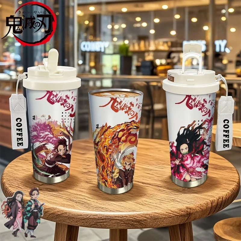 Demon Slayer Cartoon Anime Agatsuma Zenitsu Nezuko Botella aislada para hombres y mujeres, taza de paja simple y elegante de gran capacidad