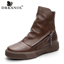 DRKANOL 2024 British Style Genuine Leather Boots Women Flat Ankle Boots Soft Bottom Round Toe Zip Short Boot Women Warm Shoes