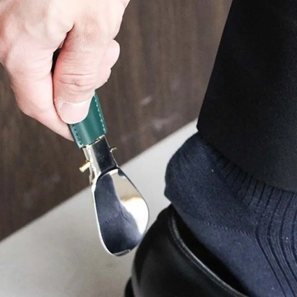 Leather Bag Elderly Person Folding Shoehorn PU Handle Mini Stainless Steel Shoe Horn Wearing Aid Solid Color