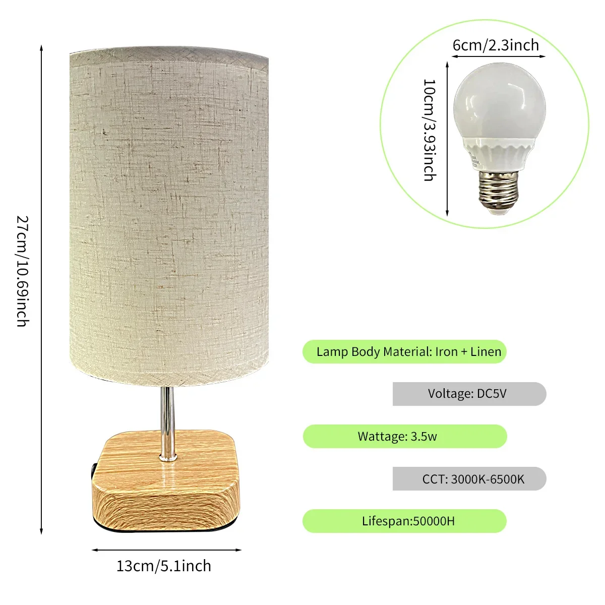 Bedside Table Lamp Touch Control for Bedroom Wood Dimmable Nightstand Lamp with Round Flaxen Fabric Shade (LED Bulb Included)