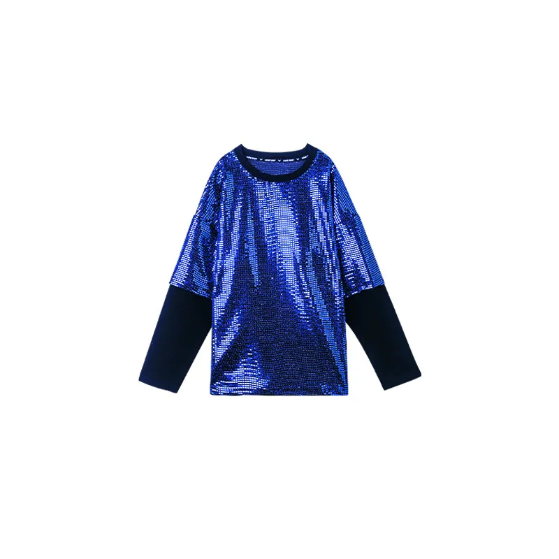 Sweat-shirt à paillettes de saphir pour enfants, pantalon de jogging décontracté pour filles et garçons, olympiques de danse jazz, vêtements Kpop Hip Hop, haut argenté